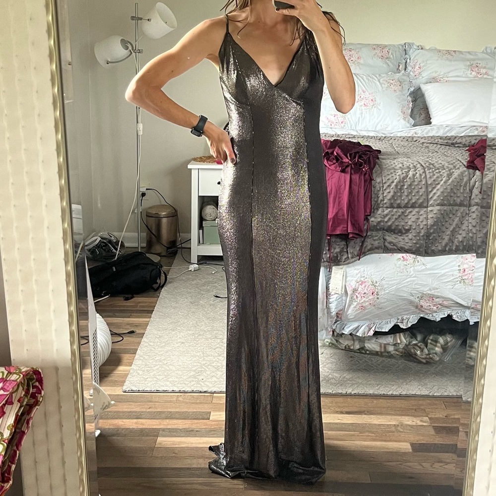 • Aidan by Aidan Mattox Black Silver Metallic Gown 4